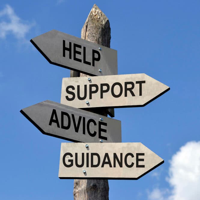 Signpost with the words help, support, advice, and guidance